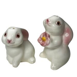 Vintage Salt and Pepper Shakers Rabbits Bunnies Easter Spring Flower Ceramic